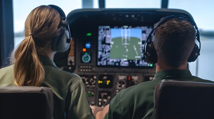 Poster - flight instructor guiding student in aircraft simulator for pilot training