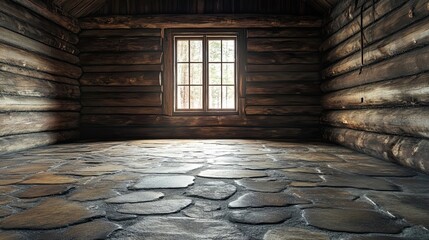 Sticker - A Stone Floor in a Log Cabin with Sunlight Streaming Through a Window