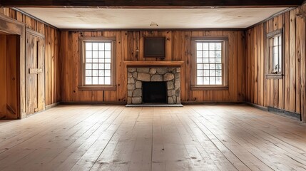 Sticker - Rustic Cabin Interior with Stone Fireplace and Wooden Walls