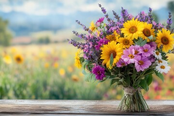 Poster - A beautiful rustic bouquet showcases a mix of wildflowers including sunflowers, daisies, and lavender against a lush spring background. Generative AI