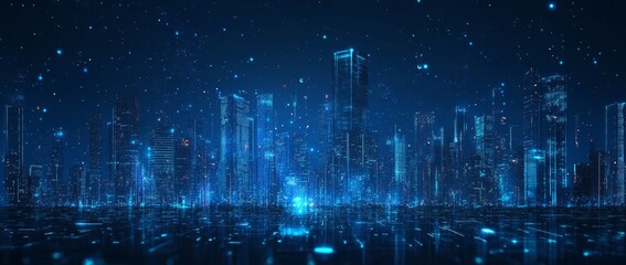 Poster - A futuristic cityscape with tall buildings lit up in blue and white, representing the digital world and technology.