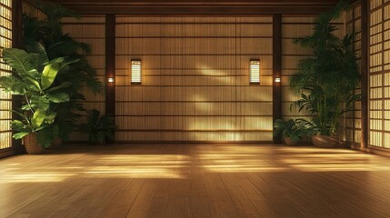 Sticker - Empty Japanese-Style Room with Bamboo Wall and Wooden Floor