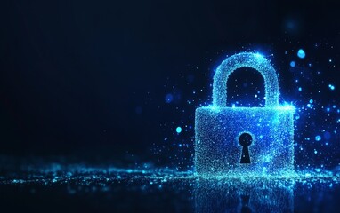 Poster - A digital padlock made of blue glowing particles on a dark blue background.