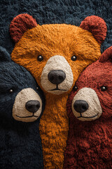 Three fuzzy bears, one black, one orange, and one red, huddled together in a warm embrace.