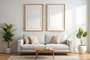 Modern living room interior with white sofa and two framed pictures.