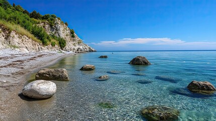 Sticker - Rocky Shoreline with Clear Blue Water and Lush Green Foliage