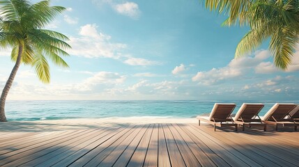 Sticker - Wooden Deck With Beach Chairs Facing the Ocean