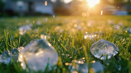 Wall Mural - Detailed view of sizable hailstones on a verdant lawn, highlighting the stark contrast between the ice fragments and the vibrant grass, illustrating the impacts of intense weather and the consequences