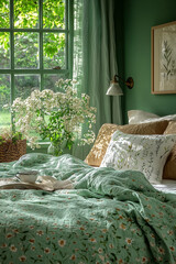 Poster - A green bedroom with a floral bedspread, white flowers in a vase and green curtains.