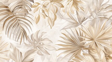 Sticker - 07250736 168. An elegant tropical wallpaper pattern with an assortment of palm and monstera leaves in various shades of neutral colors, including off-white, light brown, and pale grey; the delicate