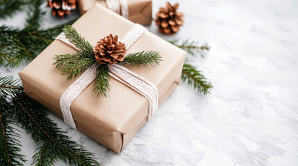 Wall Mural - Christmas gift wrapped in natural brown paper, decorated with pine sprigs and a pinecone, placed on a textured white background.
