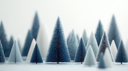 Wall Mural - Abstract minimalist Christmas trees in various shades of blue and white, set against a light background for a serene holiday display.