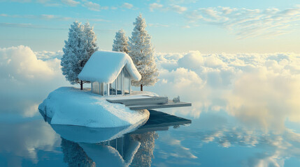 Wall Mural - A cozy, snow-covered cabin on an isolated island surrounded by still water, reflecting the bright blue sky and clouds above.