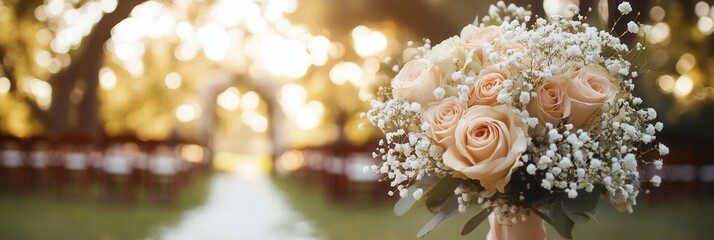 Canvas Print - Roses and lilies form a stunning bridal bouquet, highlighted against a blurred outdoor wedding aisle adorned with natural beauty. Generative AI