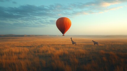 A serene landscape with a hot air balloon and two giraffes.