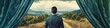 © The 2R Artificiality - Businessman pulling back a velvet curtain to show a rural road.