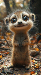 Canvas Print - A cute meerkat with big, brown eyes and a sweet smile stands tall in a forest setting.