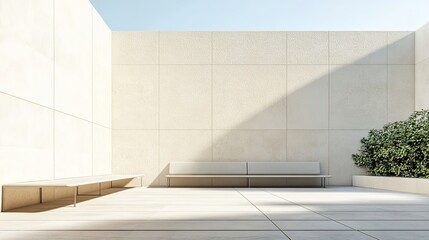 Sticker - Minimalist Courtyard with White Benches and Greenery