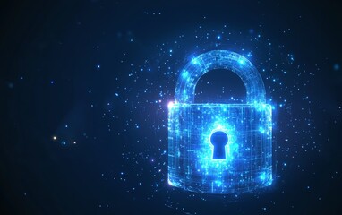 Poster - A glowing blue digital padlock on a dark blue background, symbolizing cybersecurity and data protection.