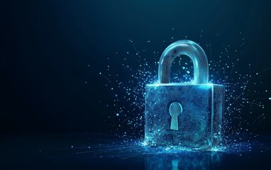 Poster - A glowing blue padlock with digital particles around it on a dark background.