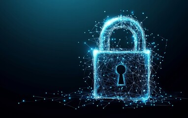 Poster - A glowing padlock made of connected dots and lines on a dark blue background.