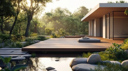 Sticker - Modern Patio with Wooden Deck and Pond in a Lush Garden