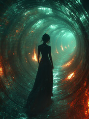 A woman in a long gown walks towards a glowing portal. The tunnel is a mesmerizing swirl of teal and orange, creating a surreal atmosphere.