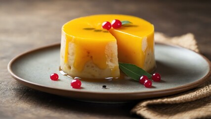 Wall Mural - chinese dim sum dish mango pudding isolated on an aesthetic plating, concept for advertisement background