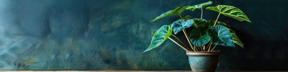 Wall Mural - Alocasia plant displayed in a ceramic pot on a wooden surface.