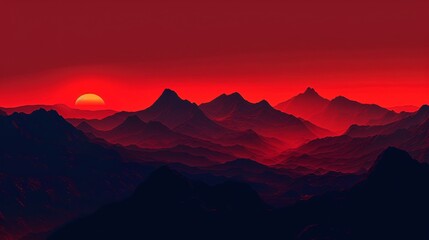 A serene twilight scene featuring the dark silhouettes of mountains against a glowing red sky, capturing the tranquil beauty of nature at dusk. The composition is both dramatic and peaceful