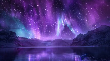 a stunning night sky adorned with vivid purple auroras and shimmering stars, offering a tranquil and