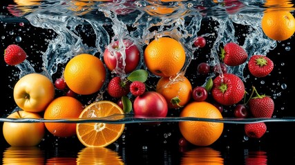 Wall Mural - Falling fruit, fruits with water drops, falling water, apples with black isolated, fruit and berries