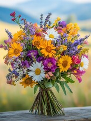 Poster - A vibrant bouquet of wildflowers, including daisies and sunflowers, is beautifully arranged on a rustic wooden surface in a natural setting. Generative AI