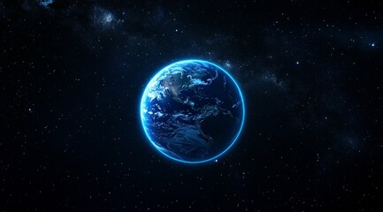 Poster - A glowing blue planet Earth seen from space with stars in the background.