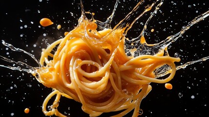 Wall Mural - Vibrant Spaghetti Swirls: Dynamic Composition of Twisted Noodles with Splashing Sauce on Dark Background