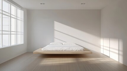 Poster - Minimalist Bedroom Interior with Floating Platform Bed and Sunlight