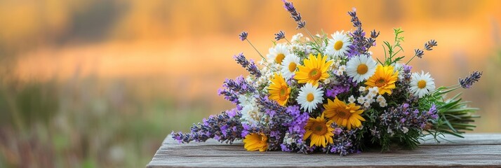 Wall Mural - A vibrant arrangement of daisies, sunflowers, and lavender displayed on a wooden table, illuminated by the gentle glow of evening light. Generative AI