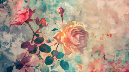 Wall Mural - Vintage Floral Collage Watercolor vintage background