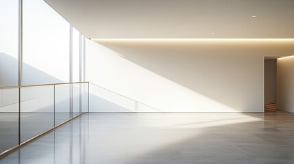 Poster - Minimalist Interior Design with Glass Railing and Sunlight