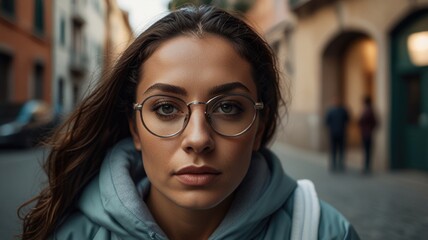 Wall Mural - fashionable beautiful young Italy Woman Standing in the Street wearing a tracksuit and glasses