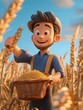© Heng Heng - AI Stock - A 3D animated cartoon character of a diligent farmer working in the agricultural industry meticulously harvesting crops to satisfy the increasing global demand for food production and distribution