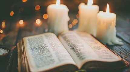 Open Bible with Candles and Bokeh Lights.