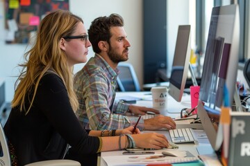 Canvas Print - a man and a woman sitting in front of computers