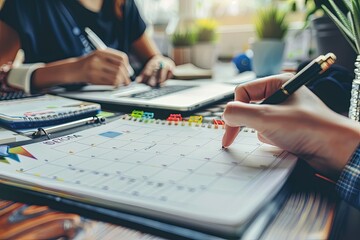 Wall Mural - two people sitting at a table with a calendar and pen