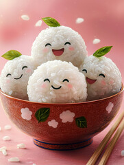 Wall Mural - Cute rice balls with happy faces in a bowl with chopsticks.