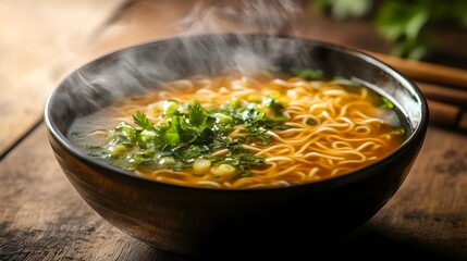 Closeup Shot of a Steaming Hot Bowl of Savory Noodle Soup Garnished with Fresh Aromatic Herbs Leaving Space for Copywriting or Text Overlay