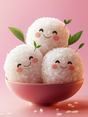 Canvas Print - Three adorable rice balls with cute faces are nestled together in a pink bowl.