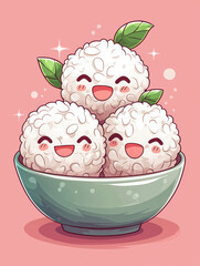 Wall Mural - Three adorable rice balls with happy faces are nestled together in a green bowl. They are ready for a delicious meal!