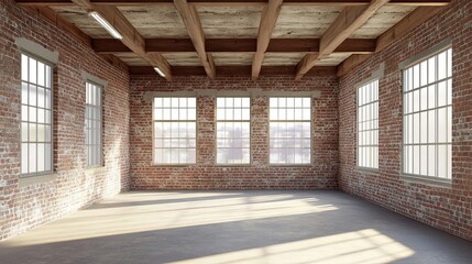 Wall Mural - Empty Room with Brick Walls, Large Windows, and Exposed Wooden Beams