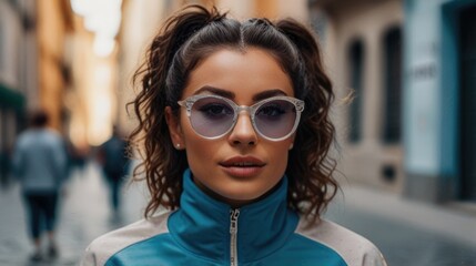 fashionable beautiful young Italy Woman Standing in the Street wearing a tracksuit and glasses